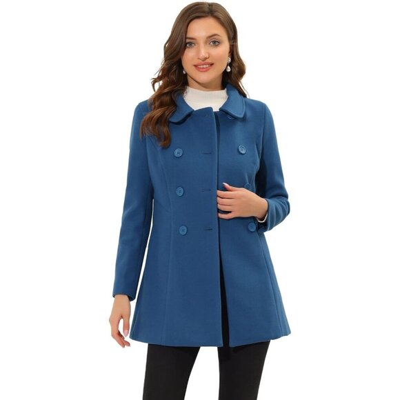 Jackets & Blazers - Women's Dark Grey Blue  Peter Pan Collar Double Breasted Winter Long Trench Coat